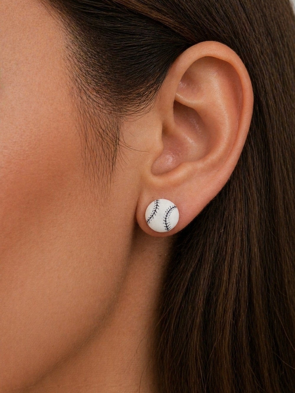 Handmade Baseball Stitch Round Stud Earrings - White